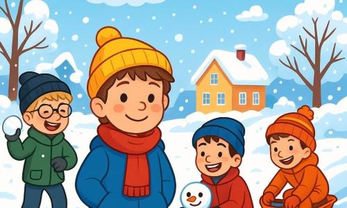 Es gibt 4 Kinder: Jonas, ein 8-jähriger Junge mit zerzausten braunen Haaren und kalten, rosigen Wangen. Er trägt eine große blaue Jacke, einen roten Schal und eine gelbe Mütze. Er steht in der Mitte, lächelt und ist etwas schüchtern. Max, ein 9-jähriger Junge mit blonden Haaren und Brille, trägt eine grüne Parka und eine schwarze Mütze. Er wirft gerade einen großen Schneeball und lacht laut. Leo, ein 8-jähriger Junge mit schwarzen Haaren und Sommersprossen, trägt eine rote Jacke und eine blaue Mütze. Er hockt, lacht und hält einen kleinen Schneemann, den er gerade gebaut hat. Ben, ein 9-jähriger Junge mit kastanienbraunen Haaren und einem schelmischen Lächeln, trägt einen orangefarbenen Skianzug und eine gestreifte Mütze. Er rutscht mit einem Plastikschlitten einen kleinen Hügel hinunter. Der Ort ist ein verschneiter Garten mit schneebedeckten Bäumen und Häusern im Hintergrund, deren weiße Dächer im Wintersonne glänzen. Der Himmel ist hellblau mit watteartigen Wolken. Die Hauptsituation zeigt die Kinder, die zusammen im Schnee spielen, lachen und Schneebälle werfen sowie mit dem Schlitten fahren. Die Atmosphäre ist fröhlich und lebhaft, mit sanft fallenden Schneeflocken um sie herum.