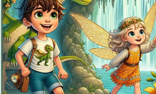 Un niño de 11 años, Lautaro, con cabello castaño despeinado y ojos brillantes de curiosidad, se encuentra en el centro de la imagen, sonriendo ampliamente. Lleva una camiseta colorida con un diseño de dinosaurio y un pantalón corto de mezclilla, sosteniendo una pequeña brújula dorada en su mano, mirando a su alrededor con asombro. A su lado, Lila, un hada pequeña con alas brillantes y cabello dorado, flota alegremente en el aire. Ella tiene un rostro sonriente y lleva un vestido hecho de pétalos de flores, señalando un camino misterioso que conduce a una cueva. Al fondo, un dragón amistoso, Drako, con escamas verdes y ojos dulces, se sostiene sobre sus patas traseras, observando la escena con un aire protector. El lugar es un claro encantado, rodeado de árboles de colores vivos, con flores luminosas y luciérnagas danzando en el aire. Una luz dorada filtra a través de las hojas, creando una atmósfera mágica. La situación principal muestra a Lautaro, Lila y Drako preparándose para entrar en una cueva misteriosa, donde un cristal mágico brilla al fondo, simbolizando la aventura y la magia de su cumpleaños.