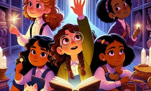Al centro dell'immagine, quattro ragazze si tengono insieme, ognuna con un'espressione determinata. A sinistra, Mia, una ragazza di 12 anni con capelli ricci castani e occhiali rotondi, alza una mano illuminata da luce magica. Alla sua destra, Sara, una ragazza di 11 anni con capelli biondi intrecciati, guarda con curiosità un antico libro che tiene tra le braccia. Accanto a lei, Lucia, una ragazza di 10 anni con capelli neri e occhi scintillanti, sorride accarezzando un piccolo animale luminoso che fluttua vicino a lei. Infine, a destra, Elena, una bambina di 8 anni con capelli rossi e un sorriso radioso, è seduta sulla sua sedia a razzo, pronta a decollare. Lo sfondo è un labirinto di cristalli scintillanti, con muri di luce e ombra che si intrecciano, creando un paesaggio incantevole. Cristalli di ogni colore illuminano l'ambiente, proiettando riflessi arcobaleno sui volti delle ragazze. Sullo sfondo, una grande porta di cristallo si apre su un bagliore luminoso, simboleggiando il potere che cercano. La scena principale mostra le quattro amiche pronte a entrare nel misterioso labirinto, determinate a superare le loro paure e scoprire la magia nascosta di Crystalia.