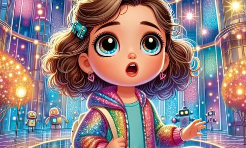 Ein 6-jähriges Mädchen namens Lea mit großen, neugierigen Augen und lockigem Haar trägt eine glitzernde Jacke und einen schwebenden kleinen Rucksack. Sie hat ein staunendes Lächeln im Gesicht, während sie ein futuristisches Gebäude voller bunter Lichter und Roboter erkundet. Neben ihr steht Robi, ein freundlicher kleiner Roboter mit einem glänzenden Metallkörper und blinkenden leuchtenden Augen. Er lächelt und zeigt ihr eine große faszinierende Maschine im Zentrum des Raumes. Der Ort ist das „Zentrum“ von Glitzerstadt, ein lebendiger Raum mit transparenten Glaswänden, schwebenden Pflanzen und tanzenden Lichtern, die eine magische Atmosphäre schaffen. Die Hauptsituation zeigt Lea, die das Geheimnis der Roboter entdeckt, die zusammenarbeiten, um die Stadt glücklich zu machen, mit Funken der Freude in der Luft und einer Atmosphäre des Staunens.