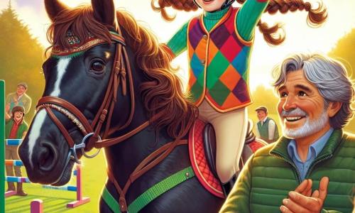 A 12-year-old girl with long brown hair in braids is sitting on a black horse named Blaze, her face glowing with determination and joy. She wears a colorful riding outfit, with a bright red vest and black pants, firmly holding the reins, ready to jump an obstacle. Next to her, a man in his fifties, Coach Sam, with graying hair and a warm smile, enthusiastically encourages her with raised arms in approval. He wears a cap and a sports jacket, standing a few steps away in an encouraging posture. The setting is a green field bathed in the golden light of the setting sun, with wooden barriers and colorful jump obstacles in the background. Spectators can be seen applauding and smiling, adding a festive atmosphere to the scene. The main situation shows the girl courageously launching to jump an obstacle, the horse taking off, while excitement and determination are evident on her face, symbolizing self-overcoming and passion for riding.
