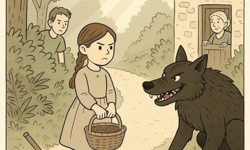 An 8-year-old girl with a round face and braided brown hair stands upright on a narrow forest path, feet planted, holding a basket with both hands and calmly but determinedly saying no; a discreet but brave-looking 12-year-old boy (Milo) stands behind a bush to the left with a small axe on the ground nearby, an elderly woman of about 70 (Grandma) with white hair in a bun watches from the cottage window with a hand on the closed door handle, and a bulky, dark-furred big bad wolf with bright eyes and an overly wide, deceptive smile crouches at the path's edge with his muzzle forward; ferns and textured tree trunks line the path, diagonal rays of light filter through, a small stone thatched cottage sits in a clearing behind, creating a tense, silent standoff with clear distance between the girl and the wolf.