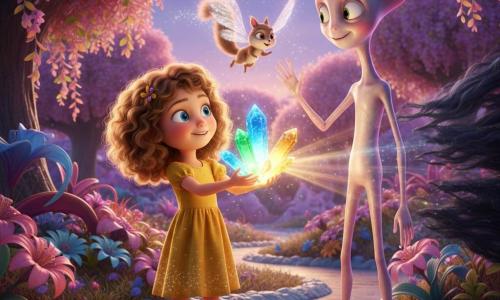 An 8-year-old girl named Lila, smiling and determined with light brown curly hair and bright blue eyes, wearing a simple yellow dress dusted with sparkling specks, holds three glowing crystals emitting blue, green, and gold beams; to her right stands Zyn, a tall, slender alien with iridescent, color-shifting skin and friendly round eyes, raising a hand toward the light; a squirrel-sized winged creature called Tinkle with translucent glittering wings flies above the crystals leaving a trail of luminous dust; they stand on Glimmeria, a planet of glassy sparkling ground, hanging rainbow leaves, giant phosphorescent flowers, and silver streams under a violet sky; together they unleash a wave of colored light from the crystals to drive back a dark, filamentous shadow at the landscape's edge, the warm glow contrasting strongly with the retreating darkness.
