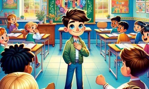 Em uma sala de aula colorida, Lucas, um garoto de 11 anos com cabelo castanho e olhos brilhantes, está no centro, com uma expressão determinada e um leve sorriso. À sua direita, Sofia, uma menina de 10 anos com cabelo loiro e trançado, o encoraja com um olhar amigável, segurando um cartaz que diz "Respeitemo-nos!". À esquerda, dois meninos, João e Pedro, de 11 anos, com cabelo curto e escuro, demonstram surpresa, percebendo que não podem mais zombar impunemente. A sala de aula é iluminada, com paredes azuis e desenhos de crianças que representam amizade e respeito. No fundo, um grande quadro negro exibe a palavra "Respeito" em letras coloridas, cercada por desenhos de crianças de mãos dadas. A cena principal mostra Lucas falando corajosamente aos colegas sobre a importância da bondade e da amizade, enquanto seus amigos o apoiam, criando uma atmosfera de solidariedade e esperança.