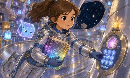 A young explorer named Mira with a round face, brown curious eyes and a brown ponytail, calm determined slight smile, wearing a silver-and-blue spacesuit and gloves, floats in a spinning space-library interior holding an ancient color-changing glowing book; no other humans present, a small luminous memory cube floats nearby as a silent companion; the library has polished metal curved walls, curved shelves of glowing cubes and floating books, small blue lamps, and a large rounded viewport showing black space and stars with gold reflections on the metal; main moment: Mira stops an alarm by touching a lighted panel with numbers, a soft flashing light, shifting from mild tension to relief; color palette: silver, pale blue, gold accents and soft violet lights, soft lines, rounded shapes, shiny mirror-like textures.