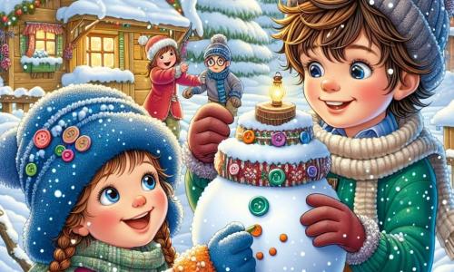 A 9-year-old boy, Oliver, with messy brown hair and rosy cheeks, joyfully smiles while wearing a bright blue coat, a red scarf, and a wool hat. He is building a large snowman, his eyes sparkling with excitement. Next to him, Mia, an 8-year-old girl with braided blonde hair and a pink coat, laughs as she adds colorful buttons to the snowman. Ethan, a 9-year-old boy with glasses and a green sweater, holds a small flashlight that he places on the snowman's head, focused and amused. The scene takes place in a charming snowy village with wooden houses topped with snow, pine trees adorned with twinkling lights, and a clear blue sky sprinkled with gently falling snowflakes. Together, Oliver, Mia, and Ethan are having fun creating a unique snowman, adding elements representing different winter traditions from around the world, while sharing laughter and stories.