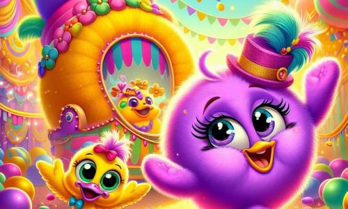 A small round and fluffy character named Sparkle is at the center of the image. Dressed in purple, she has a big joyful smile and sparkling eyes. She wears a pink hat and a golden scarf, dancing with her arms raised to the sky. Next to her, Pippa, an adorable little yellow cane, is also dancing, looking playful with her wings spread, adding cheer to the scene. A bit further away, Skitter, a small green insect with large blue shoes, is dancing with a mischievous smile, making squeaking sounds. The setting is a carnival party, with colorful balloons floating in the air, vibrant crepe paper streamers, and a large orange cloud-shaped float decorated with multicolored flowers. The scene shows Sparkle, Pippa, and Skitter joyfully dancing together in the parade, surrounded by laughter and music, capturing the festive spirit and friendship of the carnival.