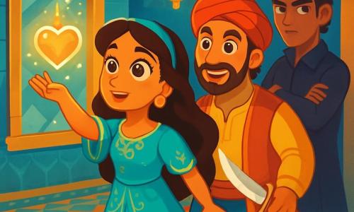 Layla, a young woman with star-like bright eyes and golden skin, stands at the center of a bright room in the palace. She wears a flowing turquoise silk dress adorned with golden patterns, her face radiating gentle determination. She reaches out for a heart-shaped crystal, her expression a mix of wonder and courage. Beside her, Amir, a warm-smiling man in his 30s with a brown beard and colorful clothing, admires Layla while holding a sparkling ancient sword, ready to support her in her quest. In the shadows, Zafir, a young man with angular features and dark hair, stands slightly back, his face marked by envy and rivalry, arms crossed. The scene unfolds in a majestic palace hall with walls covered in sparkling mirrors that reflect the golden light of hanging lanterns. The floor is paved with colorful mosaics, and richly patterned oriental rugs stretch beneath their feet. The main situation shows Layla, full of courage, ready to seize the magical crystal representing the heart of the palace, as Amir encourages her and Zafir, in the background, watches with a defiant expression.