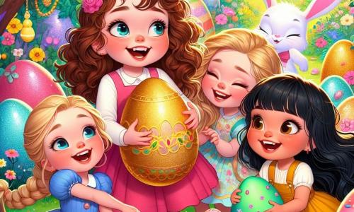 In a magical secret garden, four joyful girls are on an Easter egg hunt. Lucy, a six-year-old with curly brown hair and a pink dress, holds a large golden egg, her eyes shining with excitement. Next to her, Mia, also six, with braided blonde hair and a yellow dress, bends down to pick up a glittery egg. Emma, another six-year-old with straight black hair in a blue dress, admires a bunny-shaped egg she just found. Finally, Zoe, a six-year-old with red hair in a green dress, laughs as she discovers an egg hidden behind a candy tree. 

The garden is filled with colorful flowers, giant candies, and butterflies fluttering around them. Candy cane trees and jelly bushes create a whimsical atmosphere. 

The girls are actively searching for hidden eggs among the vibrant flowers and sugary trees, their faces beaming with joy and friendship.