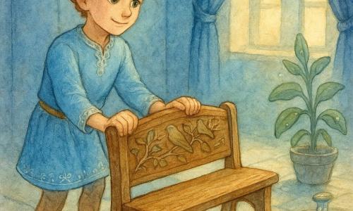 A young prince (boy), about 12, light chestnut curly hair, bright green eyes, wearing a short sky-blue robe with silver embroidery, gentle focused expression, slight smile, delicately pulling an intricately carved wooden bench toward the light; an antique varnished wooden bench with ivy and bird carvings sits foreground left, fine roots still clinging to the wall; a sage plant with gray-green leaves, slightly anthropomorphized as if helping, near the window to the prince's right, water droplets sparkling on its leaves; a small polished stone fountain with clear water dropping in ripples at the back right, reflecting light like pearls; the blue room has tall windows with indigo velvet curtains drawn aside, cornflower walls, light stone tile floor, golden sunbeams creating bright patches on the floor; main action: the prince gently frees the bench trapped by roots, conveying movement and relief; warm welcoming atmosphere, dominant colors sky blue, indigo, warm wood and sage green, with visible grainy watercolor texture.