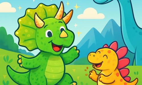 Ein fröhlicher Triceratops namens Toni, mit glänzend grünen Schuppen und bunten Hörnern, die in der Sonne funkeln, tanzt inmitten einer blühenden Wiese. Seine strahlenden Augen zeigen seine Begeisterung. Neben ihm applaudiert ein kleiner Stegosaurus namens Stegi, mit rosa Rückenschildern und einem freundlichen Lächeln, hüpfend. Ein großer Apatosaurus, mit einem langen Hals und hellblauer Haut, beobachtet die Szene wohlwollend aus der zweiten Reihe. Der Ort ist eine weite, grüne Wiese, übersät mit bunten Blumen, unter einem strahlend blauen Himmel mit sanft schwebenden, weißen, flauschigen Wolken. In der Ferne erheben sich majestätische Berge und verleihen der zauberhaften Landschaft eine besondere Größe. Die Hauptsituation zeigt Toni und seine Freunde, die zusammen feiern, tanzen und lachen, umgeben von funkelnden Blumen und einer fröhlichen Atmosphäre, die die Freundschaft und die Magie ihres Abenteuers illustriert.