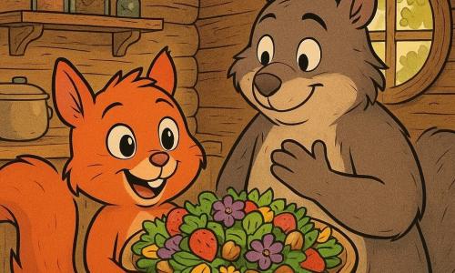 A small anthropomorphic red squirrel named Sammy, round-faced with big bright eyes and a bushy tail, proudly and joyfully holds a wooden tray with a colorful salad (strawberries, green leaves, purple flowers, yellow petals, hazelnuts); beside him stands a larger gray-brown father squirrel, Mr. Nutters, with a gentle smile and hand to his heart, slightly leaning toward Sammy, in a cozy treehouse kitchen with light log walls, shelves of jars, and a round window casting a warm sunbeam and leaf-shaped shadows on the wooden floor — a centered composition capturing surprise and tenderness, vivid colors, clean lines, woody textures, and natural details.