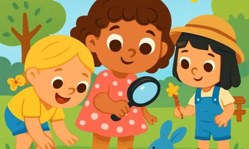 Há 3 personagens: Ana, uma menina de 2 anos com cabelos cacheados castanhos e olhos brilhantes, vestindo um vestido rosa com bolinhas brancas e segurando uma lupa. Ela está no centro, olhando atentamente para o chão. Bia, uma menina de 2 anos com cabelos loiros trançados e um sorriso radiante, usa uma camiseta amarela e um short de jeans, inclinando-se para examinar uma pegada na terra à esquerda de Ana. Lia, uma menina de 2 anos com cabelos lisos pretos e olhos curiosos, veste um macacão azul e um chapéu de palha, posicionando-se à direita de Ana, segurando uma pequena varinha colorida. O cenário é um jardim ensolarado, repleto de flores coloridas, árvores verdes e um céu azul claro, com borboletas voando ao redor e um pequeno banco de madeira ao fundo. A situação principal mostra as três pequenas aventureiras em busca de pistas para encontrar um coelhinho azul, alegres e concentradas, cercadas por marcas na terra e folhas coloridas, prontas para resolver o mistério.