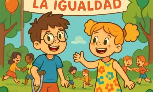 Hay 2 personajes principales: - Martín: un niño de 10 años, con cabello castaño desordenado y gafas redondas. Lleva una camiseta azul y un pantalón corto rojo. Usa una muleta para moverse y sonríe con entusiasmo. - Clara: una niña de 10 años, con cabello rizado y dorado, atado en dos coletas. Lleva un vestido de flores coloridas y sandalias. Ella está de pie al lado de Martín, animándolo con una gran sonrisa. El lugar donde se desarrolla la situación principal es un parque soleado, lleno de vegetación. Árboles majestuosos con hojas verdes vibrantes rodean un gran espacio de juegos. En el centro, un grupo de niños se divierte alrededor de una gran pancarta colorida que dice 