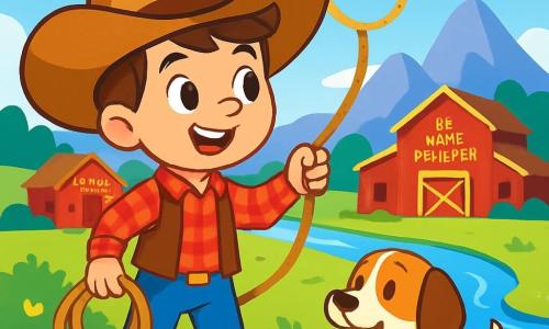 Un giovane cowboy, Billy, un ragazzino di circa 10 anni, sorridente e pieno di energia, indossa un grande cappello da cowboy e una camicia a quadri rossi e blu. Tiene un lasso in una mano e guarda con curiosità verso il fiume scintillante in lontananza. Accanto a lui, il suo fedele cane Toby, un piccolo beagle dalle orecchie grandi, agita la coda con entusiasmo, pronto per l'avventura. Sullo sfondo, il ranch di Polvere Rossa si erge con i suoi edifici in legno rosso, circondato da prati verdi e montagne maestose sotto un cielo blu splendente. La scena mostra Billy, determinato ed eccitato, pronto a partire alla ricerca della pepita d'oro nascosta vicino al fiume.