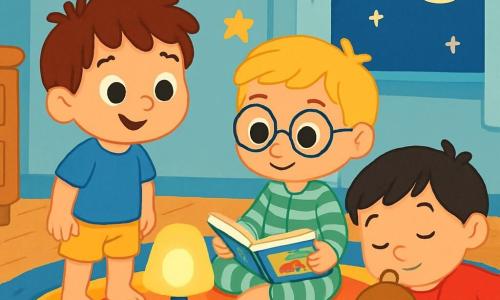 There are three characters: Jack, a nearly 4-year-old boy with messy brown hair and sparkling eyes, wearing a blue t-shirt and yellow shorts, standing near a softly glowing lamp; Tom, also nearly 4, with blond hair and round glasses, in a green and white striped pajama, sitting on a fluffy rug holding a storybook; and Leo, nearly 4 as well, with black hair and round cheeks, in a red t-shirt and denim pants, lying on the floor hugging his soft teddy bear. The setting is a cozy children's room with light blue walls and golden stars on the ceiling, a large colorful rug in the center, and a window letting in soft moonlight. The main scene shows the three friends together in the room, finding comfort in the light, stories, and hugs. Jack smiles at the lamp, Tom flips through his colorful picture book, and Leo hugs his bear, all ready to face the night without fear.