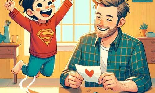 Um menino de 4 anos, Miguel, com cabelos castanhos bagunçados e olhos brilhantes de alegria, está pulando de felicidade, segurando um bonito cartão colorido nas mãos. Ele usa uma camiseta vermelha com um desenho de super-herói e um short azul. Ao lado dele, seu pai, um homem de cerca de 30 anos, com uma barba leve e um sorriso caloroso, está de joelhos, olhando para o cartão com admiração. Ele veste uma camisa xadrez e jeans. A cena acontece em uma cozinha iluminada e acolhedora, com paredes amarelas e uma grande janela que deixa entrar o sol. Na mesa, há uma xícara de café fumegante e lápis espalhados, evidenciando a atividade criativa de Miguel. A situação principal mostra Miguel surpreendendo seu pai com um lindo desenho e uma carta para o Dia dos Pais, repletos de amor e alegria, criando um momento mágico entre eles.