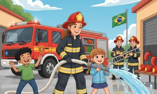 Uma capitã bombeira adulta (Capitã Sofia), sorridente, cabelos castanhos presos em rabo, capacete vermelho, roupa amarela e preta brilhante, segura uma grande mangueira com água jorrando em arco; confiante e firme. Uma menina (Clara, ~8 anos), cabelo castanho-claro em rabo, olhos maravilhados, jaqueta azul, segura a mangueira com as duas mãos, feliz e animada, em primeiro plano à direita. Um menino (~9 anos), cabelo curto preto, camiseta verde, ri e recua perto de uma poça. Dois bombeiros adultos ao fundo junto a um grande caminhão de bombeiros vermelho observam e aplaudem; um segura uma escada, outro um rádio. Cena na garagem do quartel: chão de cimento molhado com reflexos, caminhão vermelho com mangueiras enroladas, fileira de capacetes num banco, bandeira ao vento, céu azul com nuvens. Treino de demonstração: a menina, ajudada pela capitã, aciona a mangueira para molhar um alvo simulado; água em gotas e arcos brilhantes, expressão de alegria e espírito de equipe, cores vivas e formas simples para livro infantil.