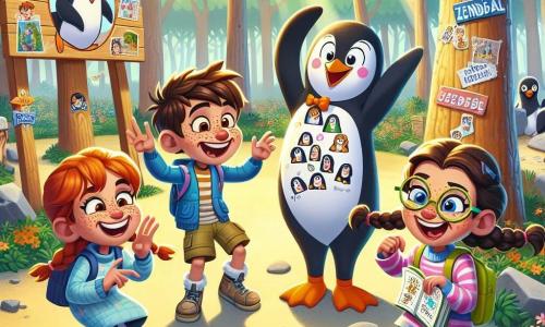In een zonnige open plek in het mysterieuze bos van Zonnedal staan vier vrienden klaar voor hun uitdaging. Max, een jongen met rommelig bruin haar en sprankelende ogen, draagt een pinguïnmasker en maakt komische dansbewegingen. Naast hem lacht Lina, een meisje met vlechten en kleurrijke brillen, terwijl ze een notitieboek vol aantekeningen vasthoudt. Sam, een jongen met rood haar en sproeten, trekt gezichten terwijl hij een pinguïn imiteert, met zijn armen omhoog. Ten slotte kijkt Noor, een meisje met kastanjebruin haar en ondeugende ogen, hen met een glimlach aan, klaar om de uitdaging aan te gaan. De open plek is omringd door grote bomen met heldergroene bladeren, en kleurrijke bloemen bedekken de grond. Een groot houten bord met dansende pinguïnpatronen kondigt de uitdaging aan. De vrienden bereiden zich voor om als pinguïns te dansen om de laatste proef te overwinnen en hun moed tegenover de magie van het bos te bewijzen.
