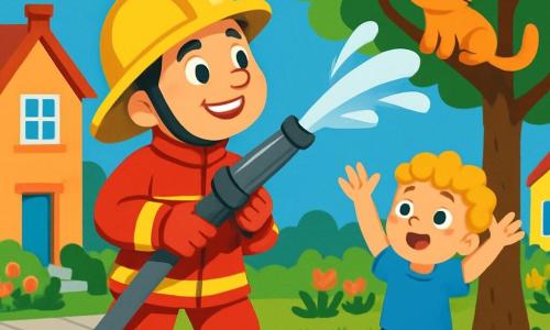 Een glimlachende en dappere brandweerman in een glanzend rode overall en een gele helm leidt een krachtige waterstraal met zijn spuit. Zijn ogen stralen vastberadenheid uit. Naast hem staat een jongen van ongeveer 5 jaar met blond, krullend haar, die vol bewondering kijkt en de armen omhoog houdt om de brandweerman na te doen. Ze bevinden zich in een drukke straat, omringd door kleurrijke huizen met bloeiende tuinen, onder een stralende blauwe lucht. De belangrijkste situatie toont de brandweerman die een klein kitten redt dat vastzit in een boom, terwijl het kind enthousiast aanmoedigt.