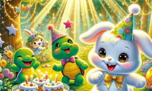 Ilustración que representa un pequeño conejito, con pelaje blanco como la nieve y grandes orejas suaves. Tiene ojos brillantes y una sonrisa radiante, expresando una inmensa alegría mientras salta de felicidad en medio de una fiesta. A su lado, una pequeña tortuga con un caparazón verde y ojos chispeantes, sonriente, que lleva un delantal y sostiene un plato de pasteles en forma de estrellas. Un pato amarillo brillante, con plumas resplandecientes y un sombrero de fiesta, toca música alegre con sus patas, mostrando una expresión juguetona. El lugar principal es un hermoso rincón del bosque, bañado de luz dorada, con grandes árboles de hojas verdes brillantes y flores coloridas que decoran el suelo. Guirnaldas de flores brillantes están colgadas de las ramas, creando un ambiente festivo y mágico. La situación principal muestra al pequeño conejito y sus amigos celebrando una fiesta especial por el Día del Padre, rodeados de decoraciones coloridas y risas. Otros elementos gráficos incluyen un gran cartel colorido con la inscripción "Feliz Día del Padre", pasteles en forma de corazón, globos flotantes y destellos de luz centelleante, añadiendo un toque de magia a esta escena alegre.