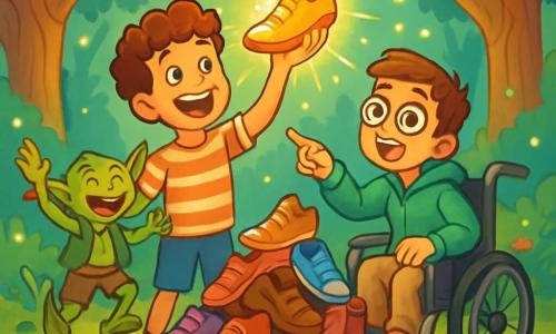 Hay 3 personajes: - Berengario: un chico de 12 años con cabello rizado y una gran sonrisa. Lleva una camiseta a rayas y un short, y sostiene un misterioso zapato brillante en su mano. - Rodrigo: un chico de 12 años, sentado en una silla de ruedas, con gafas redondas y una mirada llena de emoción. Lleva una sudadera verde y zapatillas desgastadas, y señala el zapato que Berengario sostiene. - Gremmy: un gremlin pequeño, con piel verde y orejas puntiagudas, que salta de alegría. Lleva un pequeño chaleco de hojas y pantalones de tela, y está justo al lado de Berengario, con los brazos levantados. La escena se desarrolla en un claro encantado en medio de un bosque mágico, rodeado de árboles gruesos y retorcidos cuyas hojas brillan con colores vivos. En el centro, hay una montaña de zapatos de todo tipo, algunos brillando bajo la luz del sol. Flores multicolores y luciérnagas bailan alrededor, creando una atmósfera mágica. La situación principal muestra a Berengario, Rodrigo y Gremmy descubriendo el zapato brillante en la cima de la montaña de zapatos, con Berengario levantando el zapato con asombro, Rodrigo sonriendo y Gremmy saltando de alegría, todos rodeados de un aura mágica que ilumina la escena.