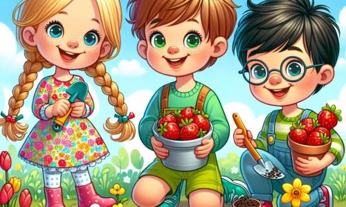 Drei Kinder stehen im Mittelpunkt des Bildes: - **Lena**, ein 8-jähriges Mädchen mit langen, geflochtenen blonden Haaren, trägt ein buntes Blumenkleid und lächelt fröhlich, während sie eine kleine Plastikkelle hält. - **Ben**, ein 9-jähriger Junge mit zerzausten braunen Haaren, trägt ein grünes T-Shirt und Shorts, er hält eine große Tasse mit roten Erdbeeren und hat leuchtende Augen vor Aufregung. - **Max**, ein 7-jähriger Junge mit schwarzen Haaren und runden Brillen, trägt einen blauen Pullover und Jeans, er pflanzt konzentriert und glücklich Samen in einen Blumentopf. Die Kinder sind von einem lebhaften Garten umgeben, der mit bunten Blumen wie roten Tulpen, gelben Narzissen und weißen Gänseblümchen gefüllt ist, unter einem klaren blauen Himmel mit ein paar flauschigen weißen Wolken. Die Szene spielt während eines Frühlingsfestes, bei dem die Kinder Spaß daran haben, Blumen zu pflanzen und Erdbeeren zu genießen, was die Freude und den Neuanfang der Saison symbolisiert.