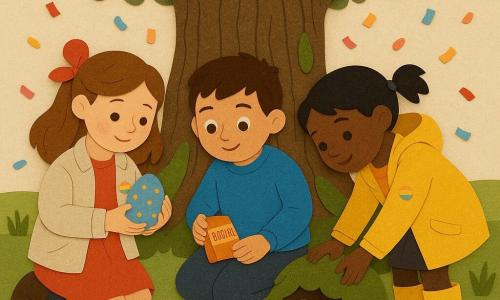 Drie kinderen van 6 jaar: Anna links met kastanjebruin haar en een rood lint, lichte jas en ze houdt voorzichtig een blauw ei met gouden stippen; Sam in het midden op zijn knieën in het gras met kort bruin haar, felblauwe trui, kijkt naar een klein metalen doosje en houdt een zakje koekjes; Noor rechts met zwarte staartjes en gele laarzen trekt een klein metalen doosje tevoorschijn dat onder groene moswortel bij een oude eik verborgen ligt; ze bevinden zich onder een grote oude eik met mosachtige wortels, omringd door lentegroen gras met tulpen en krokussen, enkele stenen en een klein glinsterend beekje op de achtergrond; samen ontdekken ze een metalen doosje met een konijntekening, hun spelden op de jassen glanzen in zachte regenboogkleuren als kleine lichtjes en er dwarrelt lichte gekleurde confetti om hen heen.