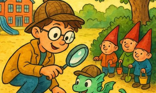 Kiki, een kleine draak met muntgroene schubben, nieuwsgierige ronde ogen en een speelse glimlach, draagt een detectivepet en wijst naar kleine voetafdrukken in het zand; Max, een jongen met glanzende ronde bril en gele jas, hurkt naast haar met een vergrootglas, geconcentreerd en enthousiast; drie kleine kabouters met puntmutsen en kleurrijke mantels staan bij een struik rechts, met emmertjes en plastic schepjes, een beetje schuldig maar vriendelijk, terwijl ze voorzichtig speelgoed teruggeven; op de achtergrond een rode baksteenschool, een blauwe glijbaan en een zonnige speeltuin rond een groot gouden zandbak met een oude eik die vlekkerige schaduw werpt; scène van ontdekking en rustig gesprek, levendig contrastrijk kleurenpalet, fijne zwarte inktlijnen, transparante aquarelachtige washes, korrelige zandtextuur en licht glanzende schubben, duidelijke gecentreerde compositie en overdreven gezichtsuitdrukkingen die nieuwsgierigheid en goedheid benadrukken.