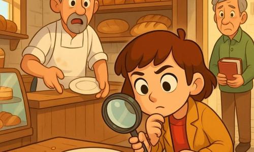 Detective Elisa, volto concentrato e dolce, occhi grandi e curiosi, capelli castani corti, giacca giallo senape e lente in mano, china su un tavolo del forno con espressione pensierosa; il fornaio Marco, adulto, barbetta grigia, grembiule bianco infarinato, preoccupato, a sinistra dietro il bancone che indica un piatto vuoto; il vicino Luigi, adulto, volto timido, capelli grigi, maglione verde, tiene un libro con un nastro rosso, alla porta del forno a destra con aria imbarazzata; il bambino Carlo, circa 8 anni, capelli arruffati, maglietta blu, sul marciapiede con le mani in tasca e sguardo colpevole; luogo: piccolo forno di paese luminoso con muri in pietra chiara, scaffali di legno, farina a terra, vetrina con dolci e luce calda mattutina; situazione: la torta del concorso è sparita, il tavolo centrale è vuoto con qualche briciola e un nastro rosso, Elisa ispeziona con la lente mentre gli altri osservano, atmosfera di mistero conviviale.
