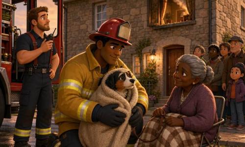 Un bombero de rostro cuadrado y cabello castaño corto bajo un casco rojo brillante, expresión calmada y concentrada, envuelve con cuidado a un perrito en una manta gruesa ignífuga; a su izquierda y ligeramente atrás un conductor joven de camión (25–30 años) con barba corta sostiene una radio mirando la casa; delante y a la derecha, una mujer mayor de unos 80 años, con cabello gris recogido y cubierta con una pequeña manta a cuadros, sujeta la correa del perro y mira agradecida; lugar: frente a una casa de piedra de dos pisos con la ventana del salón abierta por la que sale humo gris, puerta de madera, chimenea de ladrillo, acera húmeda y camiones de bomberos rojos estacionados, vecinos a distancia; escena de evacuación tranquila y solidaria, luz dorada del atardecer contrastando con el humo, detalles visibles: casco brillante, volutas de humo, textura de la manta y gotas en la acera.