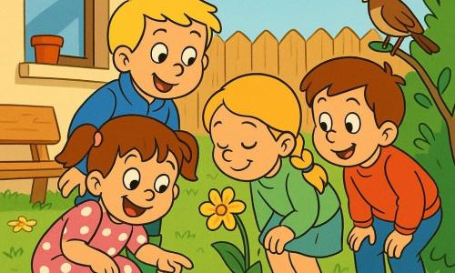 Vier Kinder erkunden sanft den Frühling in einem Kita-Garten: Mila (Mädchen, ~5 J.) mit braunen Zöpfen und rosa gepunktetem Kleid hockt lächelnd nahe einer kleinen gelben Blume, Ben (Junge, ~5 J.) mit kurzen blonden Haaren, blauer Jacke und grünen Gummistiefeln steht links und zeigt auf einen schwarzen Käfer auf einem Blatt, Sara (Mädchen, ~4 J.) mit blonden geflochtenen Haaren, hellgrünem Pullover und Rock rechts beugt sich mit geschlossenen Augen, um die Blume zu riechen, und Tom (Junge, ~5 J.) mit kastanienbraunen Haaren, rotem Sweatshirt und Jeans steht etwas zurück, Hände auf den Knien, schaut auf einen Vogel auf einem Buschzweig; um sie herum kurz geschnittener, leicht feuchter Rasen, verstreute Narzissen und Gänseblümchen, helle Holzlattenzaun, ein Holzbänkchen und ein Blumentopf am Fensterbrett, klarer blauer Himmel mit wenigen Wolken, warme Morgenbeleuchtung, fröhliche ruhige Stimmung, lebhafte Farben, runde, gut lesbare Cartoon-Züge im Stil der 90er, Komposition zentriert auf die Gruppe im Kreis um die Blume.