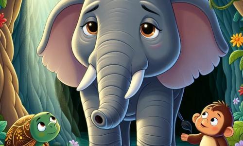 Un elefante llamado Elio, grande y majestuoso, con piel gris y orejas anchas, está en el centro de la escena, mirando con ojos llenos de preocupación hacia una cueva oscura. Su expresión muestra determinación y dulzura, con la trompa ligeramente levantada, listo para actuar. A su derecha, una tortuga llamada Tina, pequeña y sabia, con un caparazón verde decorado con patrones dorados, observa atentamente la cueva, sus ojos brillando de curiosidad. A la izquierda, un mono travieso llamado Martín, con pelaje marrón y ojos pícaros, se balancea en una liana, listo para entrar en la cueva y ayudar a su amigo. La escena se desarrolla en una jungla exuberante, rodeada de árboles gigantes y flores coloridas, donde la luz del sol filtra a través del follaje. Elio, Tina y Martín se preparan para liberar al sol atrapado en la cueva, un momento de tensión y esperanza donde la amistad y el coraje se unen para superar la oscuridad.