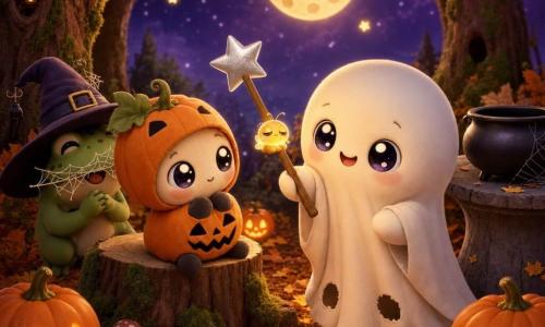 Lumi, pequeño fantasma de peluche sonriente con ojos grandes y brillantes, lleva una vieja sábana blanca con dos agujeros mal cortados y sostiene una varita de madera con una estrella plateada; está alegre y ligeramente inclinada hacia delante para tranquilizar; junto a ella, una pequeña criatura disfrazada de calabaza (estilo chibi infantil), con ojos pintados algo torcidos y expresión tímida y aliviada, está sentada en un tocón mirando la varita con admiración; detrás a la izquierda, una rana verde chibi con sombrero de mago demasiado grande y una fina telaraña como bigote se ríe suavemente; en el mango de la varita reposa un diminuto bicho luminoso (luciérnaga chibi redonda) con brillo cálido y ojos entrecerrados; lugar: claro en el bosque de noche con hojas naranjas crujientes, farolillos-calabaza en el suelo que emiten luz ámbar, troncos redondeados con musgo, pequeña mesa de piedra con un caldero de plástico vacío y cielo violeta nocturno con una gran luna-galleta sonriente; situación principal: Lumi muestra su varita estrellada para calmar a la criatura calabaza, luz difusa y cálida, atmósfera segura y festiva de Halloween, composición centrada, colores cálidos (naranja, púrpura, dorado), texturas suaves y estilo chibi kawaii claro y fácilmente legible para niños.