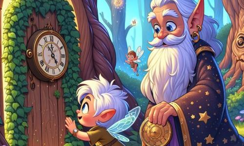 Un pequeño duende llamado Luni, con orejas puntiagudas y cabello brillante como estrellas, expresa gran curiosidad y asombro al descubrir una puerta de madera cubierta de hiedra en un bosque mágico. Está agachado, con los ojos muy abiertos, tocando la puerta con sus pequeñas manos. A su lado, el Guardián del Tiempo, un anciano sabio con larga barba blanca y una túnica estrellada, sonríe con benevolencia, sosteniendo un antiguo reloj en sus manos. La escena transcurre en un bosque encantado, donde árboles majestuosos con troncos retorcidos se elevan hacia el cielo, sus hojas brillando bajo la luz del sol. Flores coloridas y luciérnagas danzan a su alrededor, añadiendo un toque de magia a la atmósfera. La situación principal muestra a Luni, listo para abrir la puerta misteriosa que lo llevará a aventuras a través del tiempo, mientras el Guardián del Tiempo lo anima con una mirada llena de sabiduría.