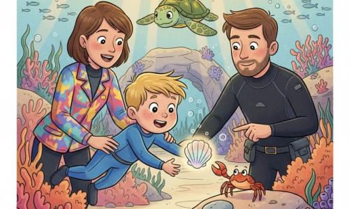 A 4-year-old boy with a round freckled face, wide amazed eyes, joyful brave expression and tousled blond hair wears a small blue wetsuit, floating gently and reaching for a shiny shell; Captain Mia, about 30, short brown hair and a tender smile, in a colorful captain's jacket and wetsuit stands behind him to the left, encouraging and attentive; diver Ben, about 28, short beard and calm gaze in a black wetsuit stands slightly right of the boy, pointing at a small red-orange crab that holds the shiny shell on a hollow rock and placing a reassuring hand on a bag handle; a gentle sea turtle with a green shell and yellow patterns swims behind them; setting: a colorful coral garden with pink and orange corals, dark green seagrass, silver fish, pale sand paths and a rock arch with anemones; main scene: a peaceful underwater exchange as the boy retrieves the shell while the crab shyly accepts a smooth pebble in return, sunlight streaming in golden beams, soft bubbles and pastel colors, warm secure atmosphere.