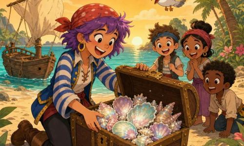 Lila ist eine fröhliche Piratin mit kurzem zerzaustem violettem Haar, gestreifter blau-weißer Jacke, rotem Bandana, Lederstiefeln und goldenem Ohrring; sie kniet im goldenen Sand und öffnet eine genagelte Holztruhe, aus der schimmernde, bunte Muscheln quellen; über ihr fliegt eine runde weiße Möwe mit ausgebreiteten Flügeln, hinter ihr liegt ein kleines Holzboot mit zerknittertem Segel auf türkisfarbenem Wasser; die Insel hat grüne Palmen und rosa Blumen, der Himmel ist spätnachmittags warm orange mit weichen Wolken — Hauptszene: glückliche Piratin entdeckt glänzende Muscheln in einer Truhe auf einer sonnigen Insel, sanfte, farbenfrohe Stimmung und einfache, runde Formen.