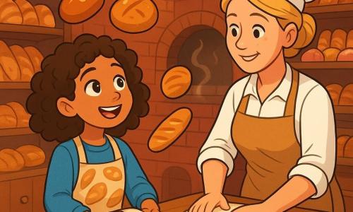 A young girl, Maya, about 10 years old with curly brown hair and sparkling curious eyes, stands in the center of the bakery. She wears a soft blue sweater and a patterned fabric apron. Her face expresses wonder and joy as she observes the dancing breads around her. Next to her, a smiling woman, the baker, in her forties with blonde hair tied in a bun and a nose dusted with flour, is shaping dough on a large wooden countertop. She looks at Maya kindly, showing her the secrets of the bakery. The bakery is warm, with red brick walls, wooden shelves filled with golden breads and colorful pastries. Soft lights illuminate the room, creating a welcoming and magical atmosphere, while a light steam rises from the ovens. The main scene shows Maya, amazed, helping the baker prepare rolls, her hands full of flour, as laughter echoes in the air scented with vanilla and cinnamon.