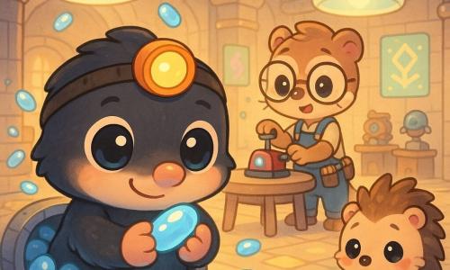 Milo, een kleine chibi-mol met glanzende ronde ogen, zwart zacht pelsje en een kleine oranje hoofdlamp, kijkt geconcentreerd en vriendelijk terwijl hij voorzichtig een blauwe glanzende capsule vasthoudt en zacht lacht; achter hem staat een jonge chibi-wezel uitvindster met ronde bril en een zakkenrijke tuinbroek bij een ronde tafel, opgelucht en nieuwsgierig terwijl ze op een klein rood apparaat drukt om een capsule op te laden, en naast hen staat een verlegen chibi-egel iets rechts-onder, die naar de capsule kijkt en een verkreukelde kaart vasthoudt, gerustgesteld. De scène speelt zich af in een futuristische ondergrondse hal met hangende doorschijnende koepels, lichte stenen muren met glinsterende metalen buizen, kleurrijke rune-achtige lichtreclames en kraampjes met mechanische objecten; er drijven meerdere kleine lichtcapsules rond en liggen er enkelen op een tafel, de sfeer is zacht, licht en ordelijk met pastelreflecties op de gezichten en een gevoel van samenwerking en herstel. Grafische stijl: chibi kawaii, verzadigde pasteltinten, nette contouren, zachte texturen en warm dramatisch licht onder de koepels.