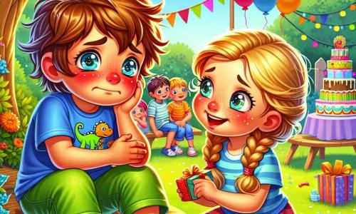 Um garoto de 8 anos, Lucas, com cabelos castanhos bagunçados e olhos brilhantes, está sentado sob uma grande árvore, seu rosto vermelho de vergonha e as bochechas levemente úmidas, indicando que se sente envergonhado. Ele usa uma camiseta azul com dinossauros e shorts verdes, segurando um pequeno presente nas mãos. Ao seu lado, uma menina de 8 anos, Sofia, com cabelos loiros trançados e um sorriso caloroso, se agacha para falar com ele, seus olhos brilhando de compaixão. Ao fundo, um jardim festivo cheio de balões coloridos, guirlandas e uma grande mesa decorada com bolos e doces, onde outras crianças brincam alegremente. A situação principal mostra Lucas, um pouco triste, compartilhando suas emoções com Sofia, enquanto observam as outras crianças se divertindo ao redor deles.