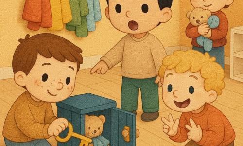 Quatro personagens: Tomás, menino de 4 anos, cabelo castanho curto, joelho esquerdo apoiado junto à esquerda, gira uma grande chave dourada numa caixa azul; Bento, menino de 4 anos, cabelo preto curto, ao centro, aponta para migalhas no chão com a boca entreaberta; Rui, menino de 4 anos, cabelo loiro encaracolado, à direita, agachado, conta nos dedos sorrindo; Leo, menino de 4 anos, cabelo castanho, atrás das crianças, segura um ursinho de pelúcia bege e um lenço azul junto ao peito, olhar tímido e aliviado. Local: sala de pré-escola com piso de madeira claro, migalhas no chão, cabideiro com casacos coloridos e uma pequena estante branca; no centro, uma caixa azul de madeira com portinha e fechadura de latão brilhante. Situação: os três pequenos detetives abrem a caixa com uma grande chave que faz um clique; a porta está entreaberta e dentro vê‑se um ursinho bege e um lenço azul, expressões de surpresa, ternura e alívio, cores quentes e formas simples.
