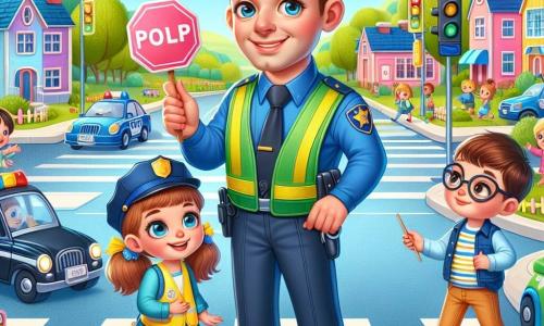 Uśmiechnięty policjant, mężczyzna w wieku około trzydziestu lat, w jasnoniebieskim mundurze i czapce, stoi w centrum obrazu, podnosząc rękę, aby kierować ruchem z wielkim, ciepłym uśmiechem. Jego oczy błyszczą radością i dumą, gdy pomaga dzieciom przejść przez ulicę. Po jego prawej stronie dziewczynka w wieku 9 lat, Zuzia, z długimi brązowymi włosami związanymi w dwa kucyki, nosi małą żółtą kurtkę i promienny uśmiech. Trzyma kartonowy znak drogowy, naśladując policjanta. Po jego lewej stronie chłopiec w wieku 10 lat, Adam, w okularach i brązowych włosach, nosi czapkę policyjną i kamizelkę odblaskową, uważnie obserwując ruch z skoncentrowanym wyrazem twarzy. Tło to uroczy miasteczko z kolorowymi znakami, miniaturowymi samochodami i dziećmi bawiącymi się radośnie wokół. W tle widać zielone drzewa i błękitne, słoneczne niebo, tworząc radosną i dynamiczną atmosferę. Główna sytuacja pokazuje policjanta i dzieci bawiących się w grę fabularną, gdzie symulują ruch, ucząc się ostrożności, jednocześnie dobrze się bawiąc.