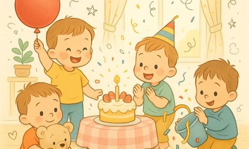 Sunt patru băieți de aproximativ 2 ani: Mihai, cu păr scurt brunet, stă în picioare în stânga ținând sus un balon roșu mare; Andrei, cu păr blond, este în dreapta, ghemuit lângă un găleată cu panglici multicolore pe care o scutură; Doru, cu păr șaten deschis, stă pe scaun în centru ținând strâns o jucărie de pluș bej; Luca, cu păr negru, e lângă tort purtând o șapcă colorată și pregătit să aplaude; într-un living luminos cu podea din lemn deschis, covor pastel sub masa mică rotundă cu față în carouri roz, decorațiuni cu steaguri galbene și albastre și o fereastră cu perdele cu buline, cei patru suflă împreună o lumânare de pe un tort de vanilie cu cremă albă și căpșuni roșii, râzând, cu obrajii roșii, iar confetti, panglici și doodle-uri stilizate (stele, inimioare, note muzicale) plutesc în jur.