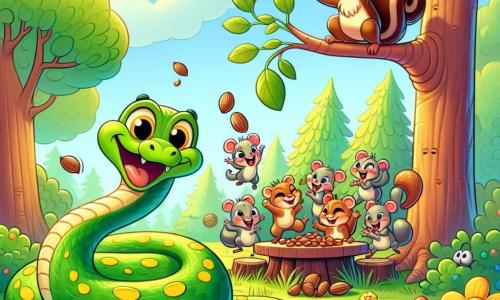 Sammy, de slang, is een lange groene slang met heldergele vlekken, zijn ogen schitteren van opwinding terwijl hij vrolijk om een grote boom kronkelt, met een glimlach op zijn gezicht. Naast hem is Timo, het kleine eekhoorntje, bruin met een pluizige staart, hij springt op een tak met zijn armen omhoog in teken van blijdschap, zijn ogen twinkelen van enthousiasme. De omgeving is een zonnige open plek, omringd door grote bomen met heldergroene bladeren, met kleurrijke bloemen die dansen in de wind. De hoofdscène toont Sammy en Timo die een groepje kleine muizen ontdekken die aan het dansen en vieren zijn rond een tafel vol noten, wat een feestelijke en vrolijke sfeer creëert.