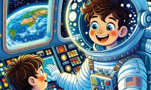An astronaut named Sam joyfully floats in his spaceship, wearing a shiny white suit and a clear helmet. His face radiates excitement and curiosity as he looks through a large window, admiring the twinkling stars. Inside the spaceship, an 8-year-old boy named Tim sits in front of a television screen on Earth. With messy brown hair and a blue t-shirt adorned with stars, he smiles in wonder while watching Sam, his eyes sparkling with admiration. The spacecraft is filled with colorful control panels, flashing lights, and windows offering a spectacular view of the blue Earth and bright stars. The background shows an infinite space dotted with distant galaxies and planets. In this scene, Sam communicates with Tim through a screen, sharing his passion for space exploration and inspiring the young boy to dream big.