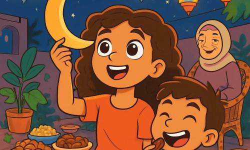 A 12-year-old girl, Lina, with curly brown hair, sparkling curious eyes, and a radiant smile, is sitting on an old wooden bench. She holds a golden cardboard crescent, her amazed gaze scanning the starry sky. Next to her, her 10-year-old brother Samir, with short hair and a mischievous expression, is nibbling on a date, laughing joyfully. In the background, their grandmother, an elderly woman with silver hair and a gentle face, smiles tenderly while sitting on a wicker chair, surrounded by traditional food dishes. The setting is a lively courtyard decorated with illuminated colorful lanterns, potted plants, and plush cushions scattered on the ground. The main scene shows Lina and her family gathered for dinner, sharing laughter and stories under a starry sky, creating a warm and festive atmosphere filled with magic and joy.