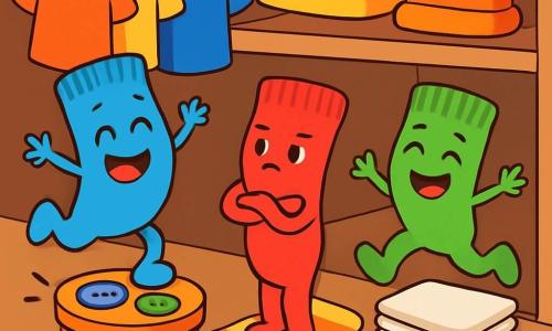 Într-un dulap colorat și vesel, o șosetă albastră, pe nume Șosel, sare fericită pe o cutie cu nasturi, zâmbind larg cu ochi strălucitori de năzdrăvănie. Lângă ea, o șosetă roșie, Șoseta, cu o față serioasă dar amuzată, stă pe o eșarfă, cu brațele încrucișate, ca și cum ar încerca să-și păstreze seriozitatea în timp ce râde. Puțin mai departe, șoseta verde, Șosi, de mărime medie, face piruete pe un morman de batiste, cu fața strălucind de bucurie și entuziasm. Dulapul este plin de haine colorate, pălării haioase și nasturi strălucitori, creând un adevărat curcubeu de țesături. Scena arată șosetele jucându-se și schimbându-și rolurile, într-o atmosferă veselă și ludică, plină de râsete și camaraderie.