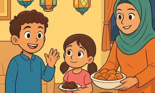 A 12-year-old boy named Sami, with curly brown hair, is wearing a blue shirt and a radiant smile, standing in front of a table decorated with colorful dishes for the Ramadan dinner. His eyes shine with excitement and nervousness as he prepares to greet the guests. Next to him, his 6-year-old sister Malak, with two pigtails and a pink dress, looks at her brother with admiration, holding a small plate of dates. Their mother, a woman in her thirties wearing a green scarf and a warm smile, is nearby, adding dishes to the table. The scene takes place in a cozy living room with soft yellow walls, colorful lanterns hanging from the ceiling, and a large window letting in the evening light. The table is adorned with traditional dishes, fresh fruits, and sparkling glasses, creating a festive and warm atmosphere. Sami, looking determined, is about to say 