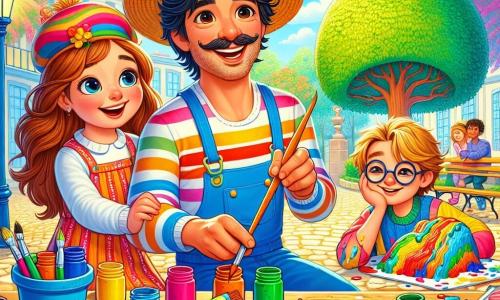 Um homem chamado João, com um grande sorriso, usa um chapéu colorido e uma camisa listrada. Ele mistura tintas vivas em uma paleta, cercado por potes de cores vibrantes, expressando alegria e entusiasmo. Ao seu lado, uma menina de 8 anos, Ana, com longos cabelos castanhos e um avental de pintura, pinta uma grande árvore verde em uma tela, com os olhos brilhando de excitação. Um menino de 7 anos, Pedro, com óculos e cabelos loiros bagunçados, está sentado no chão, moldando uma escultura de argila, com um sorriso orgulhoso no rosto. A cena acontece em uma bela praça ensolarada, cercada por árvores floridas e bancos coloridos. Crianças brincam ao redor e pássaros cantam no céu azul. A situação principal mostra João ensinando as crianças a misturar cores e criar obras de arte, todos rindo e compartilhando sua criatividade em um ambiente alegre e inspirador.