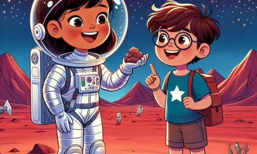 O astronaută pe nume Ana stă în picioare pe suprafața roșie a lui Marte, zâmbind cu entuziasm. Ea poartă o costum spațial alb strălucitor și un casca transparentă care îi lasă la vedere părul brun prins într-o coadă de cal. Ana ține un eșantion de rocă într-o mână și arată spre cerul înstelat cu cealaltă. Lângă ea, un băiat de 8 ani pe nume David, cu părul blond și ochelari rotunzi, privește uimit. El poartă un tricou albastru cu stele și un șort, fiind fascinat de vederea stelelor strălucitoare deasupra lor. Peisajul marțian este deșertic, cu dune de nisip roșu și munți îndepărtați sub un cer întunecat presărat cu stele strălucitoare. Ana îi explică lui David minunile spațiului, admirând împreună frumusețea universului, creând un moment magic de explorare și descoperire.